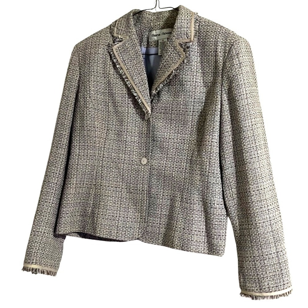Rena Rowan Vintage Tweed Blazer Fringe Trim Multi-Color Cotton Blend Jacket 14